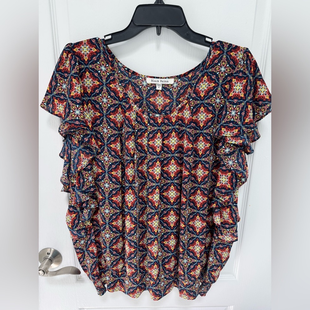 Black Rainn Multi-Colored Blouse, Size XL, Short Sleeve with Ruffled Acce…